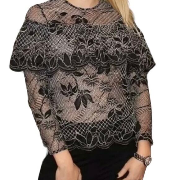 Zara Black Lace Blouse with Frill Long Sleeve S - Picture 7 of 7